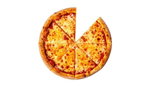 Cheese pizza with one slice missing; top-down view
