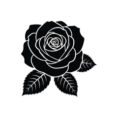 Stylized black rose silhouette with three leaves