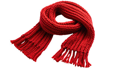 Crimson knitted scarf with fringe, casually draped on black
