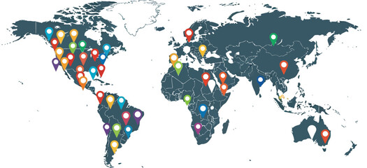 World map illustration with colorful location pins marking global destinations