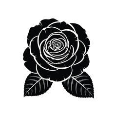 Stylized black rose silhouette with two leaves