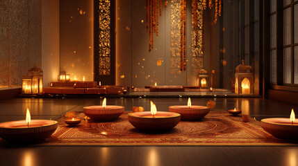 Serene indoor space with lit candles creating a peaceful atmosphere