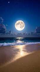 Glowing full moon over ocean shore on a dark, starry night