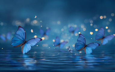 Blue butterflies floating on the water with sparkling lights around