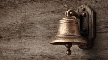 Antique bronze bell mounted on rustic wooden wall, highlighting unique textures and details that evoke a vintage charm and timeless elegance in decor