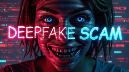 A vibrant digital image of a woman with dreadlocks, showcasing exaggerated facial features and glowing blue eyes, reflecting a deepfake theme.