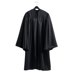 Academic graduation gown with pleats and wide sleeves hanging on a hanger isolated on transparent background