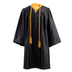 Black graduation cap and gown with gold tassel and hood isolated on transparent background
