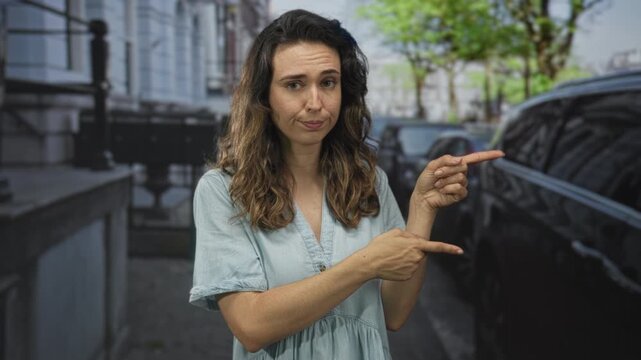 Young hispanic woman wearing blue dress pointing finger at car door on street; uncertainty seeking clarity.