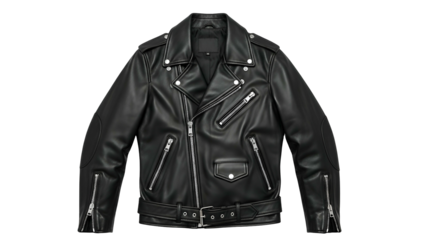 Classic asymmetrical zip motorcycle outerwear piece displayed against a dark background