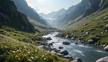 Mountain Valley River with Wildflowers and Scenic View