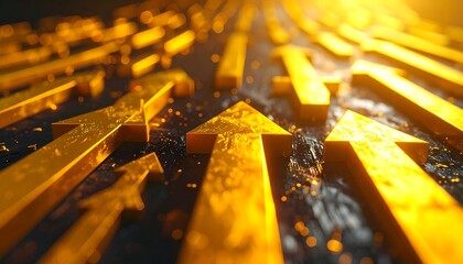 Golden upward-pointing arrows on dark textured background, perspective view