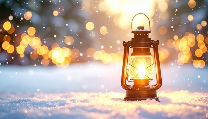 Christmas glowing lantern standing on snowy ground, surrounded by sparkling bokeh holiday lights in the background, viewed from ground level, with warm glow and ample copy space