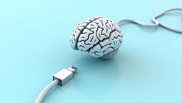 Human brain model connected to a USB cable on pastel background, representing digital thinking, artificial intelligence, and human-machine connection in futuristic minimal style.
