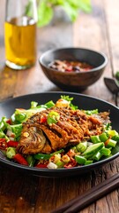Plate with fried fish on fresh vegetables, sauce, oil and wood background