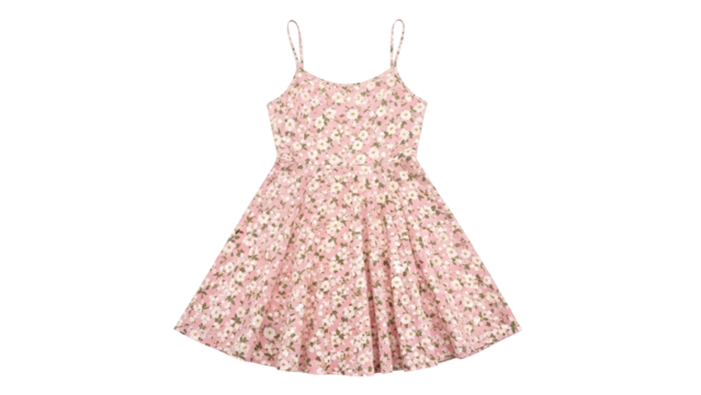 Feminine summer garment featuring an allover print of small white flowers on pink fabric