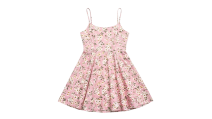Pink sundress featuring an all-over white and green floral pattern floats against a black background