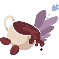 Cream Colored Coffee Cup Spilling Dark Brown Beverage Amidst Coffee Beans and Petal Accents on Transparent Background