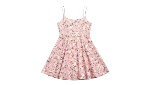 Pink sundress featuring an all-over white and green floral pattern floats against a black background