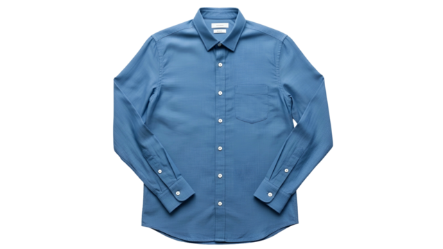 Plain blue long sleeve garment for men rests upon a solid black background