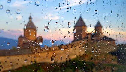 Medieval fortress blurred behind raindrops on glass, capturing the mood