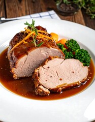 Roasted pork tenderloin with vegetables and gravy on a white plate