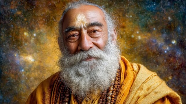 Wise Indian Guru with Cosmic Background