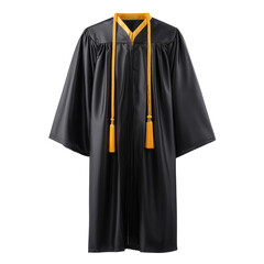 Traditional black graduation gown with gold and blue stole and tassel isolated on transparent background