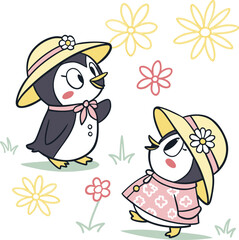Two cute cartoon penguins wearing straw hats with daisy decorations stand on grass. They wear pink outfits and are surrounded by whimsical flowers.