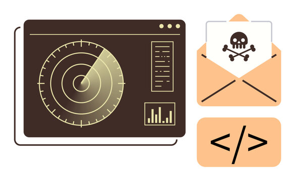 Radar screen tracking threats, malware alert in email, coding tag icon. Ideal for cybersecurity, hacking risk, threat detection, digital protection, IT security, online safety simple flat metaphor