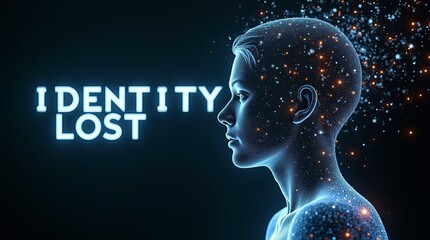 A futuristic digital portrait of a gender-neutral, ethereal figure with a starry background emphasizing the theme of identity loss.