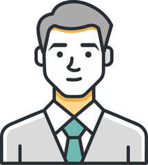 A minimalist vector illustration of a man with gray hair, wearing a suit and teal tie. The style is simple, with neutral expression and clean lines.