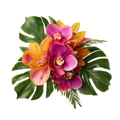 Vibrant tropical orchid and monstera leaf floral arrangement isolated on transparent background