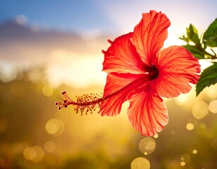 Red flower bloom illuminated by sunlight with a bright bokeh background