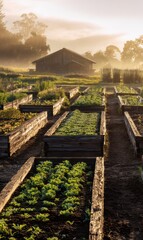Raised beds in the farm, high beds for growing vegetables and greens, gardening and agriculture concepts, AI generated