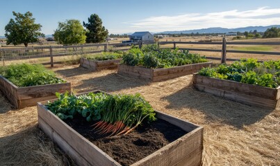 Raised beds in the farm, high beds for growing vegetables and greens, gardening and agriculture concepts, AI generated
