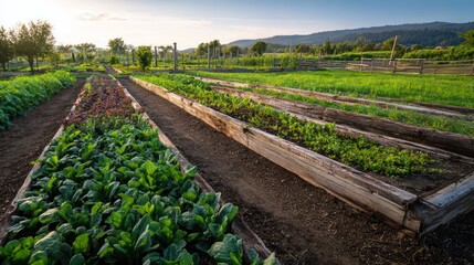 Raised beds in the farm, high beds for growing vegetables and greens, gardening and agriculture concepts, AI generated