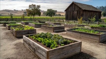 Raised beds in the farm, high beds for growing vegetables and greens, gardening and agriculture concepts, AI generated