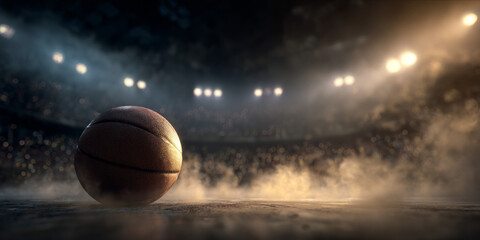 Basketball awaits tipoff in a packed stadium, smoke swirling on the court.