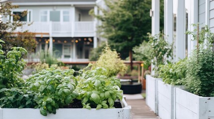 Raised beds for herbs and vegetables on the balcony of apartments, gardening in a high-rise house in the urban environment, landscaping in a metropolis, AI generated