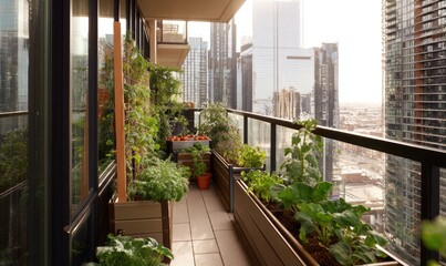 Raised beds for herbs and vegetables on the balcony of apartments, gardening in a high-rise house in the urban environment, landscaping in a metropolis, AI generated