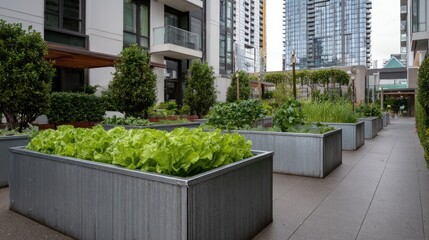 Raised beds for herbs and vegetables on the balcony of apartments, gardening in a high-rise house in the urban environment, landscaping in a metropolis, AI generated