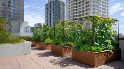 Raised beds for herbs and vegetables on the balcony of apartments, gardening in a high-rise house in the urban environment, landscaping in a metropolis, AI generated