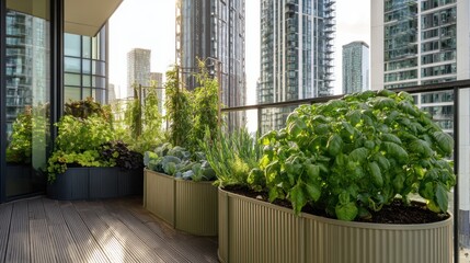 Raised beds for herbs and vegetables on the balcony of apartments, gardening in a high-rise house in the urban environment, landscaping in a metropolis, AI generated