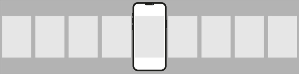Phone carousel mockup vector. Template for showcasing mobile app interface and web design on multiple screens. Ideal for presentation, advertising, and portfolio display in a dynamic layout. © Xharites