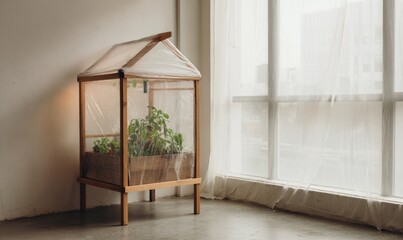 Window gardening as a city hobby, growing herbs or vegetables at home on a windowsill in a pot or mini greenhouse, homemade farm, generated by AI