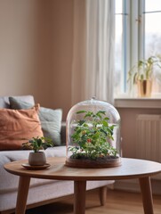 Window gardening as a city hobby, growing herbs or vegetables at home on a windowsill in a pot or mini greenhouse, homemade farm, generated by AI