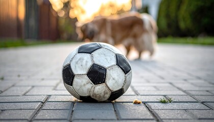 Soccer ball on a brick path with a dog in the blurred background