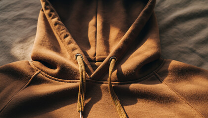 Close-up of brown hoodie with rope drawstrings under warm sunlight. Minimalist fashion detail for apparel branding, streetwear mockup, or cozy lifestyle concept.