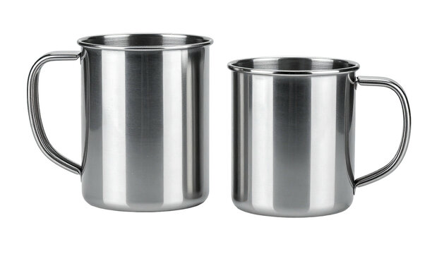 Two shiny stainless steel mugs, differing in height